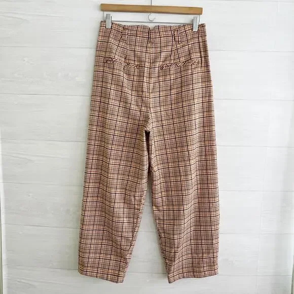 Free People - Tan pink plaid Turning Point pleated barrel leg crop pants size 2 - Picture 5 of 7